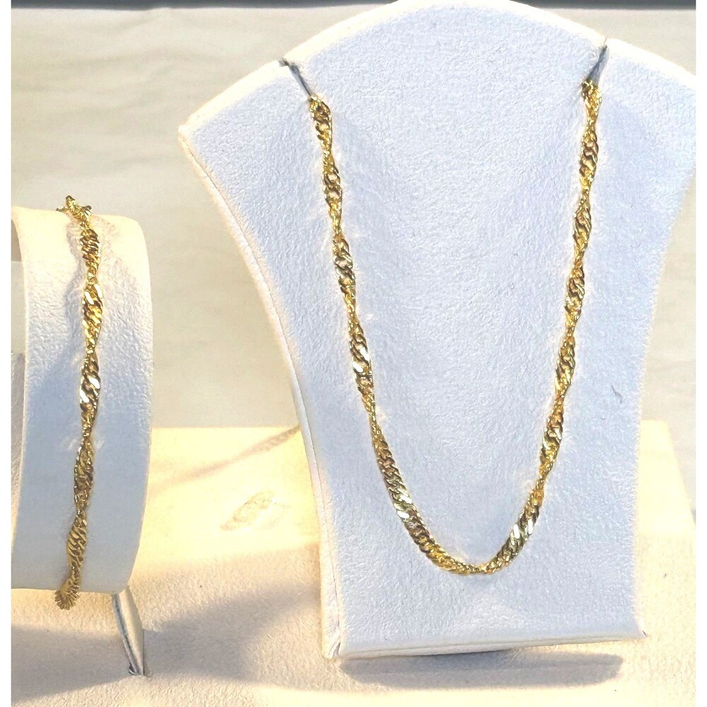 14K GP Gold Plated Singapore Chain Necklace Bracelet Set 18" 7.5" Twisted Link⁠